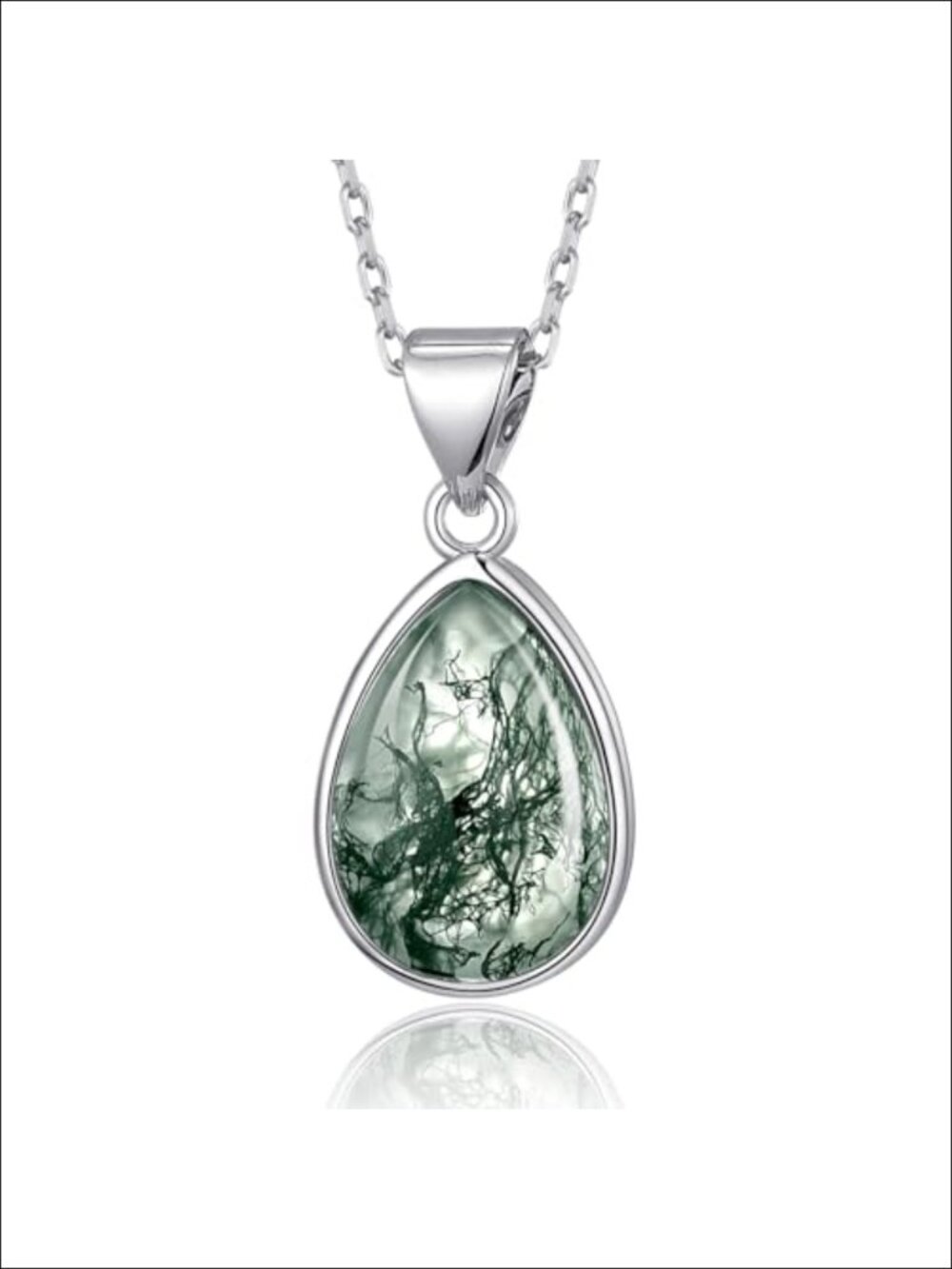 Natural Moss Agate Teardrop Pendant Necklace with Larimar Moonstone Onyx - Gift